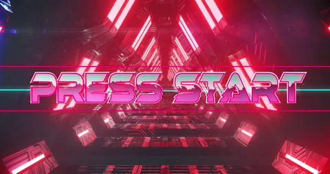 Press start video game screen over pink triangles and glowing neons Stock Footage 139544752