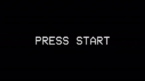 Press start words on old tv glitch interference screen Stock Footage 111377488