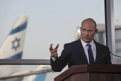 Press statement by Naftali Bennett at Ben-Gurion International Airport, Lod, Isr Stock Photos
