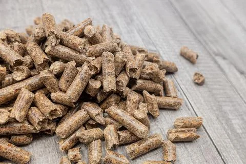 Pressed wood pellets, combustible for stovers, efficient and ecological Stock Photos