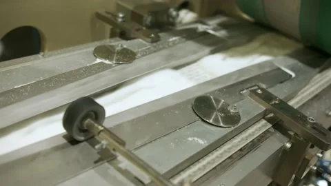 Pressing and forming of the inner layer of diapers on the conveyor line. Stock Footage 165839250