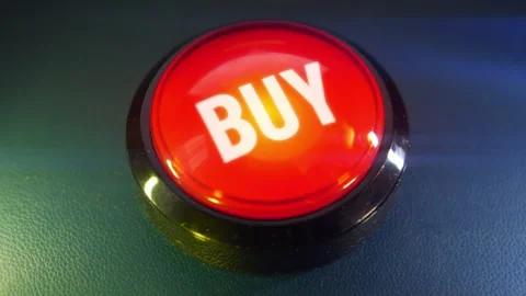 Pressing the big red button labeled with the message "Buy" Video stock 293217361
