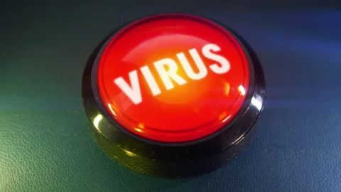 Pressing the big red button labeled with the message "Virus" Video stock 293218184
