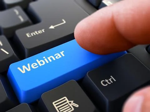 Pressing Blue Button Webinar on Black Keyboard Stockillustratie