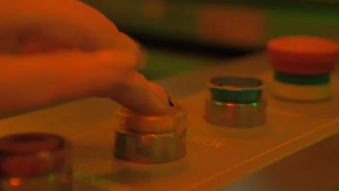 Pressing Button On A Control Desk. Printed Circuit Board Production.Photoresist Stock Footage 197344336