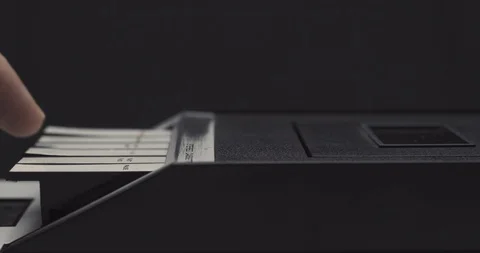 Pressing button to eject tape button on retro audio cassette tape player 스톡 동영상 121188581