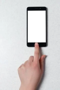 Pressing a button on smartphone, touch screen, clipping path Stock Photos