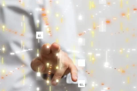 A pressing document icon over computer binary code Stock Photos