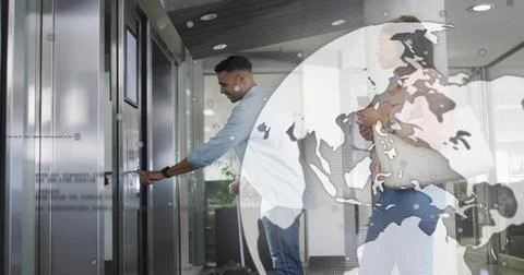 Pressing elevator button, man wearing rolled sleeves at office lobby, woman h Foto stock