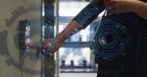 Pressing elevator button, person interacting with futuristic digital interface Stock Footage 306564468
