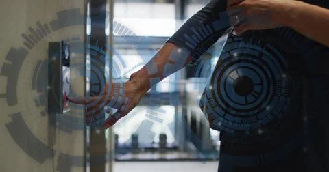 Pressing elevator button, person interacting with futuristic digital interface Illustrazione stock