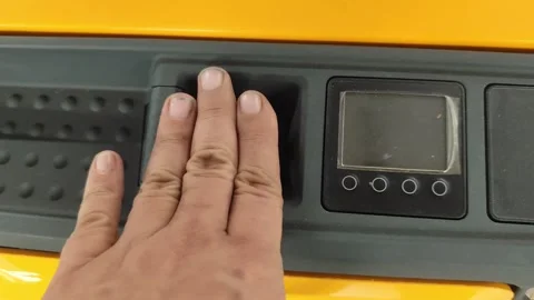 Pressing Emergency Stop Button On Electric Pallet Truck Stock Footage 345840904