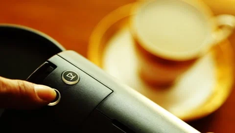 Pressing espresso button of capsule coffee machine Stock Footage 8913580