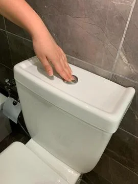 Pressing flush button on toilet to flush water Stock Photos