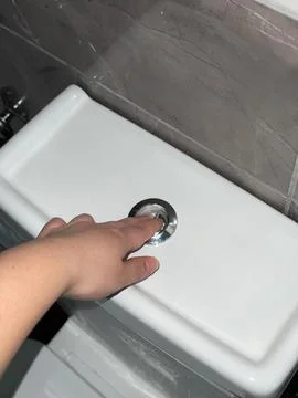 Pressing flush button on toilet to flush water Stock Photos