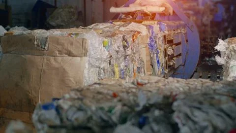 Pressing garbage from plastic bottles on special equipment into bales, recycling Foto stock