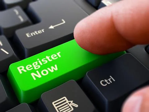 Pressing Green Button Register Now on Black Keyboard Stock Illustration