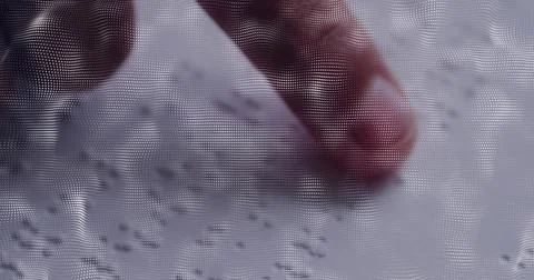 Pressing human fingertip on tabletop surface, showing fingernail, granular Stock Photos