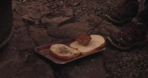 Pressing Pig Fat on Bread Slice Romanian Traditional Food 스톡 동영상 146463081
