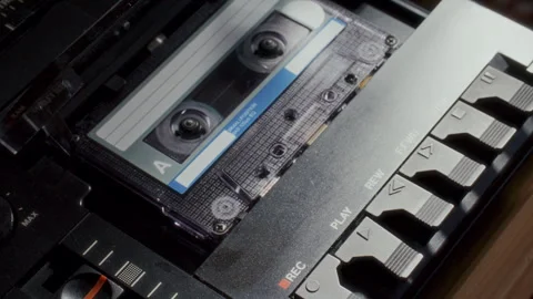 Pressing Play Button and Turning On Music on Vintage Cassette Tape Player Deck Stock Footage 342450746
