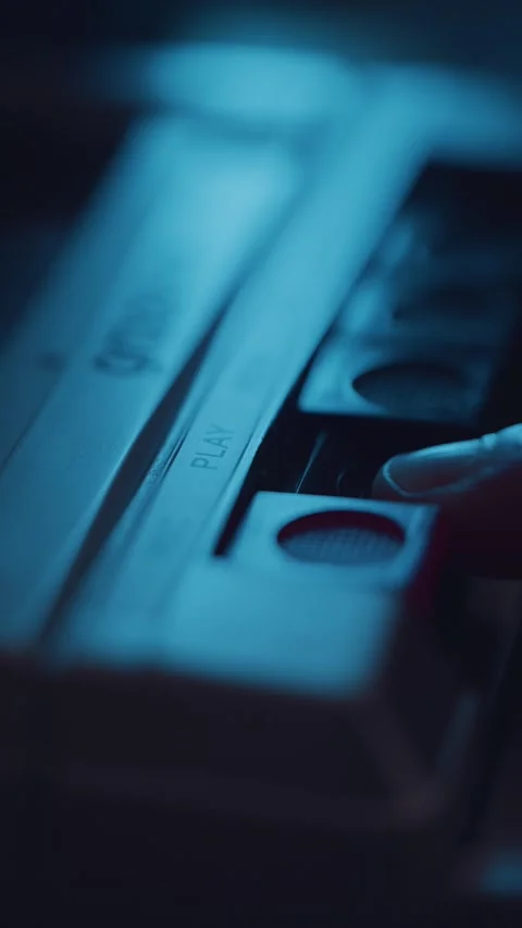 Pressing the play button on a retro cassette recorder Video stock 337170444