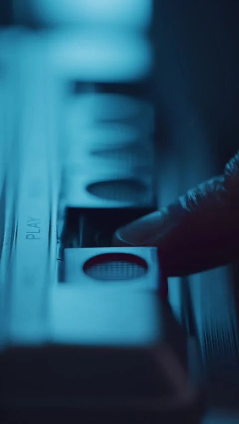 Pressing the play button on a retro cassette recorder Video stock 337170473