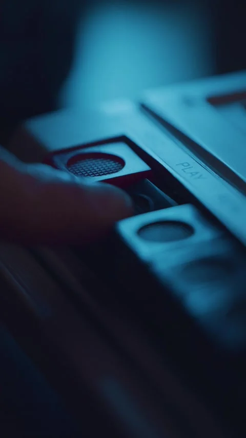 Pressing the play button on a retro cassette recorder Video stock 337170494