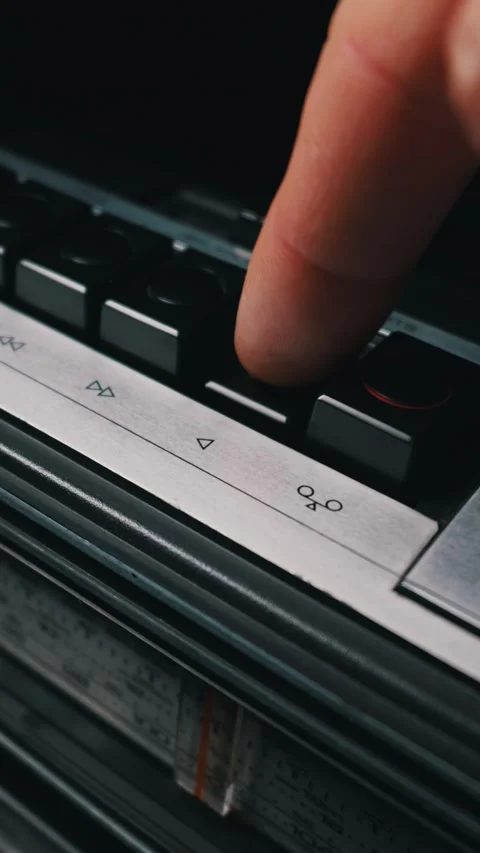 Pressing Play Button on Vintage Cassette Player with Cinematic Macro Focus Stock Footage 334112882