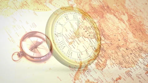 Pressing play starting sepia map scrolling under brass compass and pocket watch 库存影片 311454197