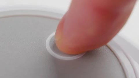 Pressing the plus button with a finger close up Stockbeeldmateriaal 249948936