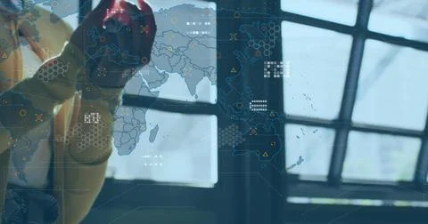 Pressing pointer with red work glove on map interface with overlays in command Stock Photos