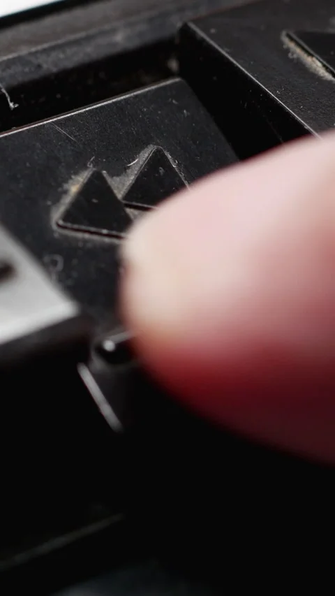 Pressing Rewind Button On An Old Black Cassette Tape Recorder. Vertical. Stock Footage 268106066