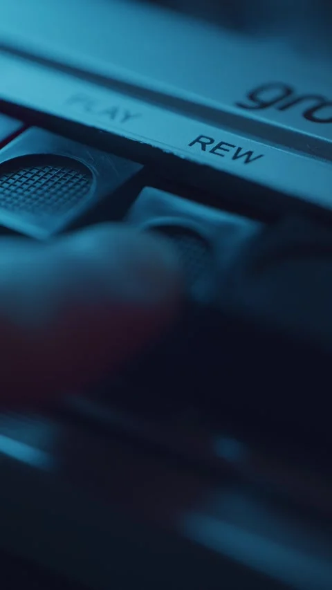 Pressing the rewind button on a retro cassette recorder Video stock 337170594