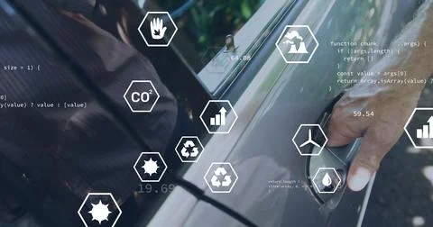 Pressing sensor handle, male unlocking car door in driveway with hex icons, copy Stock Photos