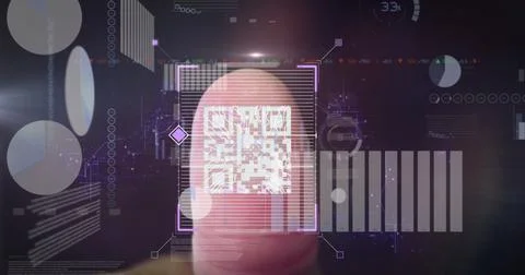 Pressing thumb scanning holographic interface with translucent QR code and UI 스톡 일러스트