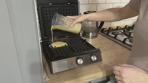 Pressing Waffle Maker Lid Cooking Sweet Waffles Close Kitchen Cooking Action Stock Footage 336440613