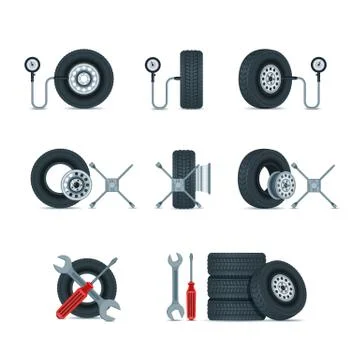 Pressure diagnostic and replacement wheels tools. Automobile tires, discs vec Stock Illustration