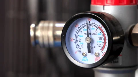 Pressure Gauge on Compressor Showing Kilopascal Reading Stock Footage 288751943