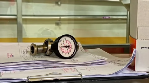Pressure Gauge Resting on Engineering Blueprints in Workshop Stock Footage 334363682