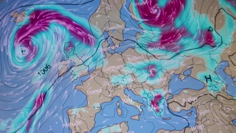 Pressure lines thunderstorm severe wind over Europe Computer Screen Camera .. Stock Footage 337140470