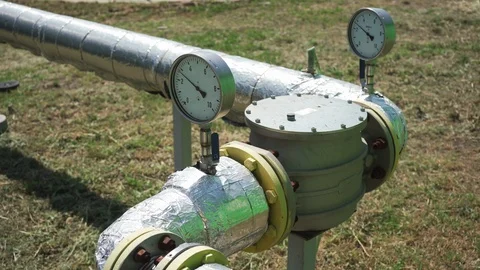 Pressure Measurement Device With Arrows Movements Near Pipe Close Up 4K Stock Footage 109127760