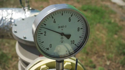 Pressure Measurement Device With Arrows Movements Near Pipe Close Up 4K Stock Footage 109128372