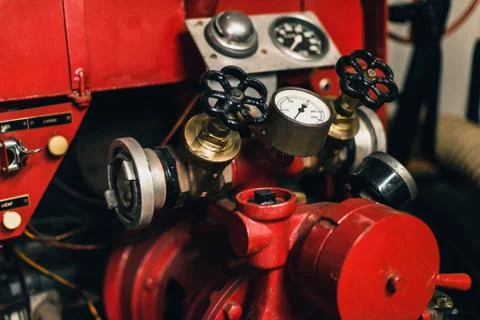Pressure meters of old fire engine. Stock Photos