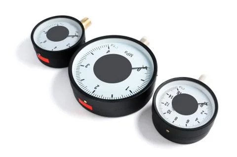 The pressure sensor in the pipeline is a manometer. Three gauges of different Stock Photos
