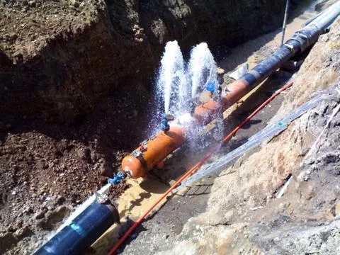 Pressure testing of the pipeline at construction Stock Photos