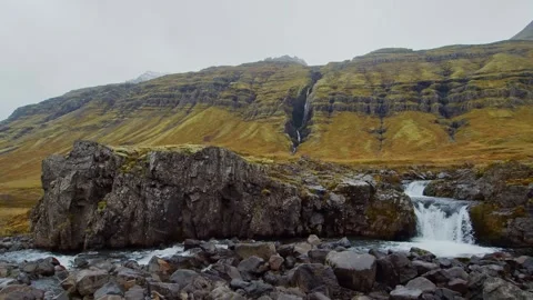 Prestagilsfoss Waterfall and Rugged Landscape in the East Fjords of Iceland Stock Footage 320510318