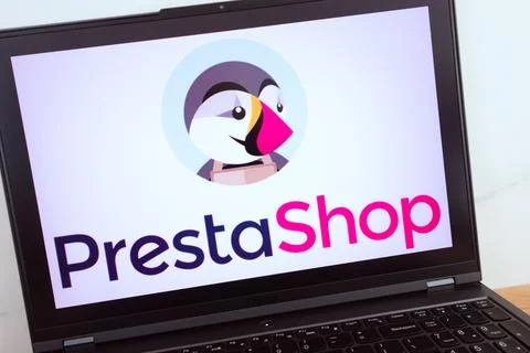 PrestaShop ecommerce platform logo displayed on laptop Stock Photos