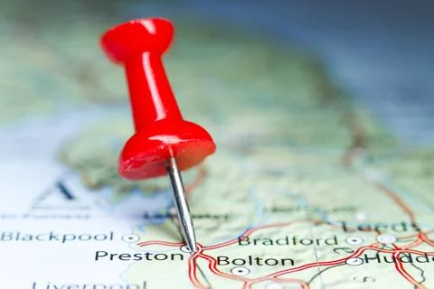 Preston, Great Britain pin on map Stock Photos