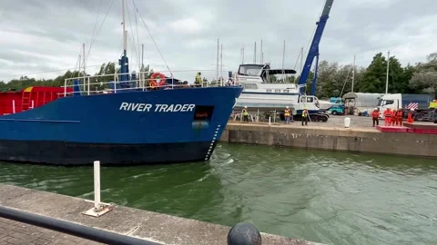 Preston, UK 2024 August 21; Barge delivers giant electricity transformer Stock Footage 282383002
