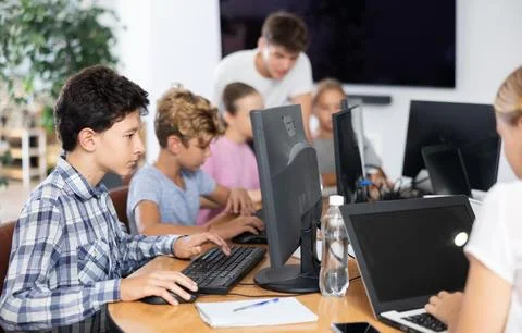 Preteen boy working with computer programs in training room Foto stock